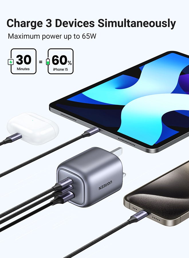 يو جرين - شاحن Nexode GaN بقدرة 65 وات USB C، شاحن كمبيوتر محمول قابل للطي بثلاثة منافذ من النوع C، قابس شاحن حائط سريع متوافق مع MacBook Pro/Air، HP/Dell/Lenovo، iPad، iPhone 15 Pro Max، Galaxy S24 23، كاميرا Steam Deck SLR رمادي - Image 1