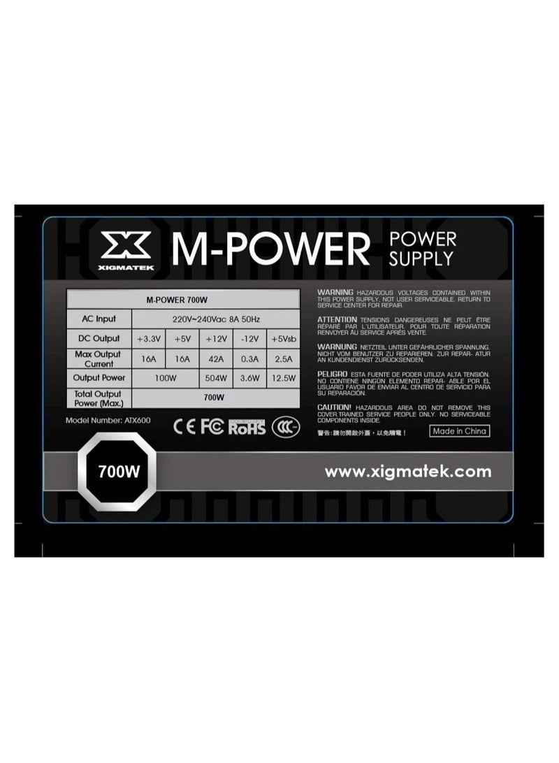 Xigmatek - M-Power 700W (ATX700, 700W, AC 230V Input, Double Forward, 12cm Black Fan, Brown Box, SASO Power Cord) EN41402 - Image 1