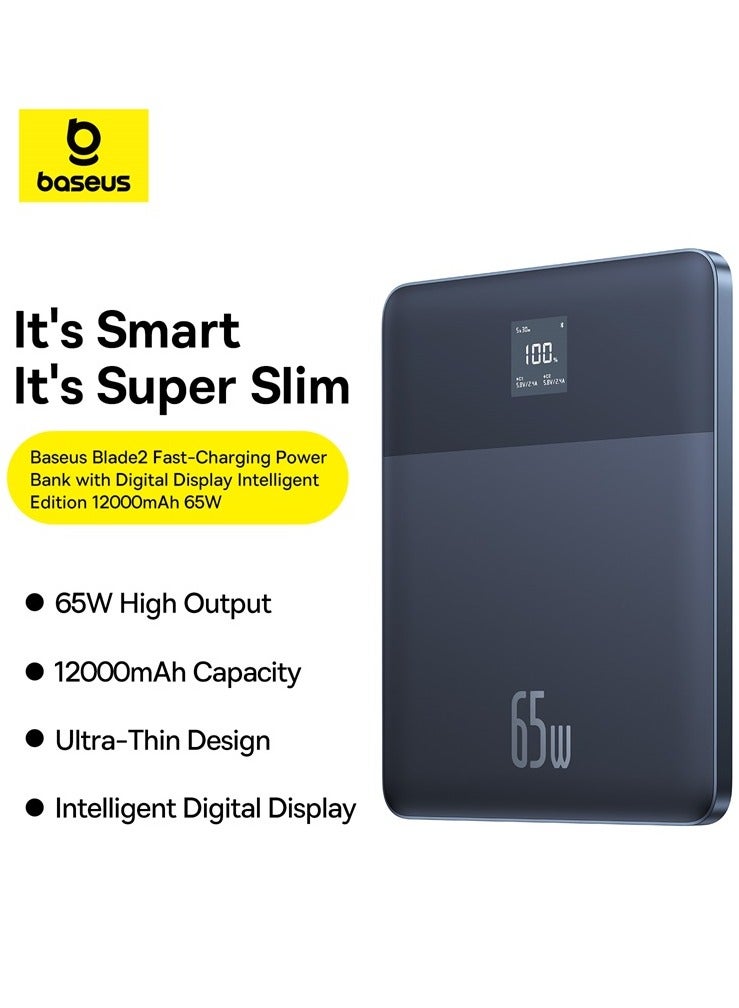Baseus - 12000 mAh 65W Fast Charging Power Bank, Blade 2 Ultra Thin Digital Display Intelligent Edition Battery Pack For Laptop/MacBook Pro/Dell XPS/iPad/iPhone 15/14/13/12 Pro Max Mini Samsung Steam Deck Blue - Image 1