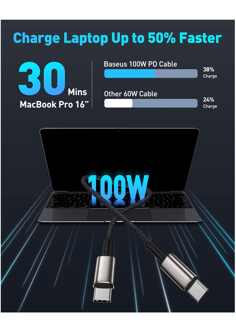 Baseus USB C Cable 2M, 100W PD 5A QC 4.0 Fast Charging USB C To USB C Cable Zinc Alloy Nylon Braided USB Type C Charger Cable For iPhone 15/Pro/Plus/Pro Max/MacBook/iPad Pro/Air/Mini/Samsung S23/S22 And More Black  - Image 3