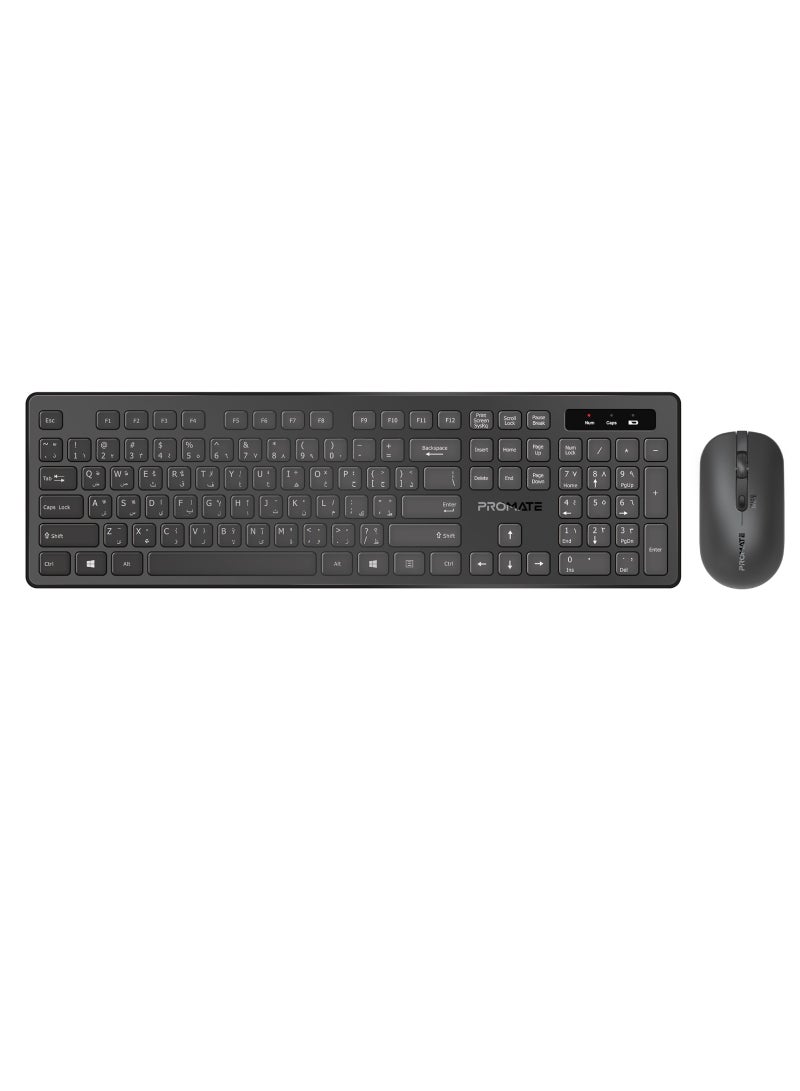 PROMATE - Promate Wireless Keyboard and Mouse Combo, Slim Full-Size 2.4Ghz Wireless Keyboard with 1600 DPI Ambidextrous Mouse, Nano USB Receiver, Quiet Keys, Angled Kickstand Black - Image 1