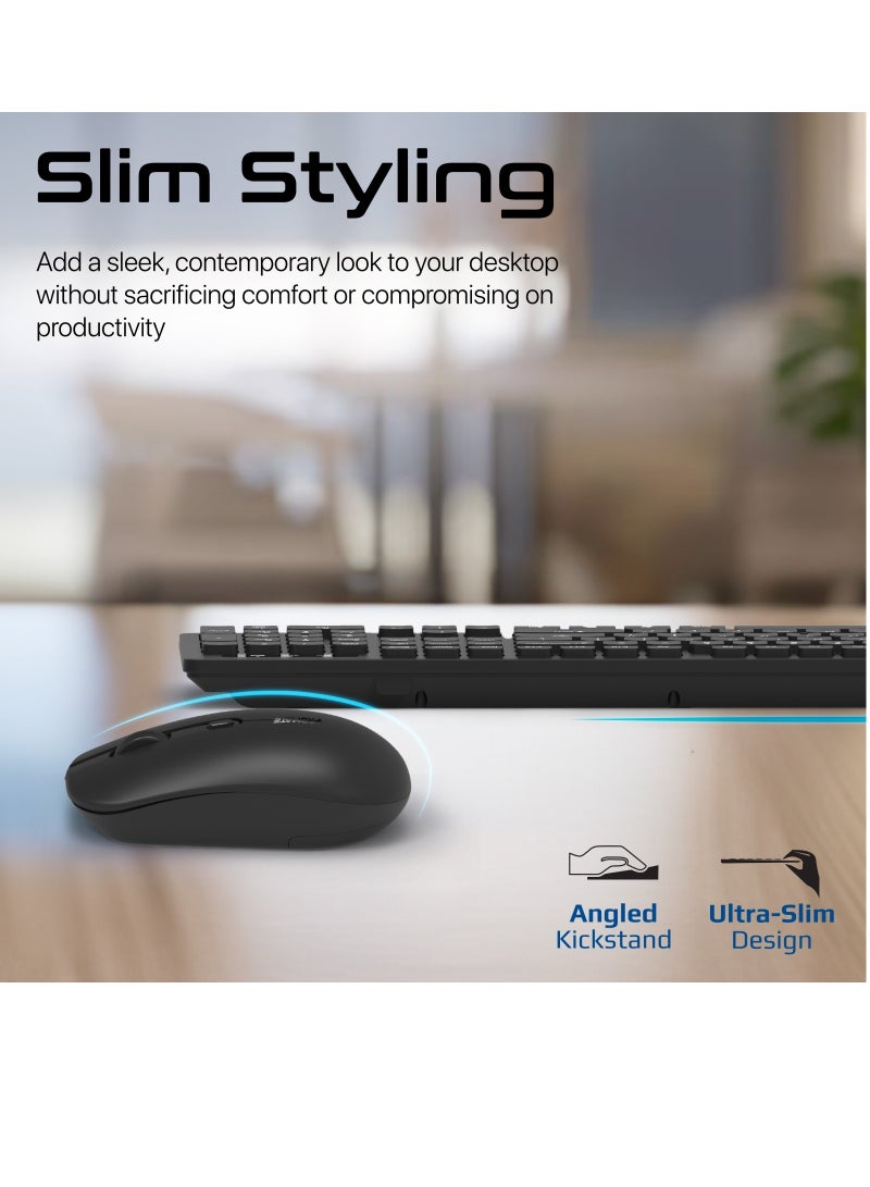 PROMATE - Promate Wireless Keyboard and Mouse Combo, Slim Full-Size 2.4Ghz Wireless Keyboard with 1600 DPI Ambidextrous Mouse, Nano USB Receiver, Quiet Keys, Angled Kickstand Black - Image 1