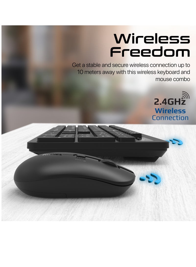 PROMATE - Promate Wireless Keyboard and Mouse Combo, Slim Full-Size 2.4Ghz Wireless Keyboard with 1600 DPI Ambidextrous Mouse, Nano USB Receiver, Quiet Keys, Angled Kickstand Black - Image 1