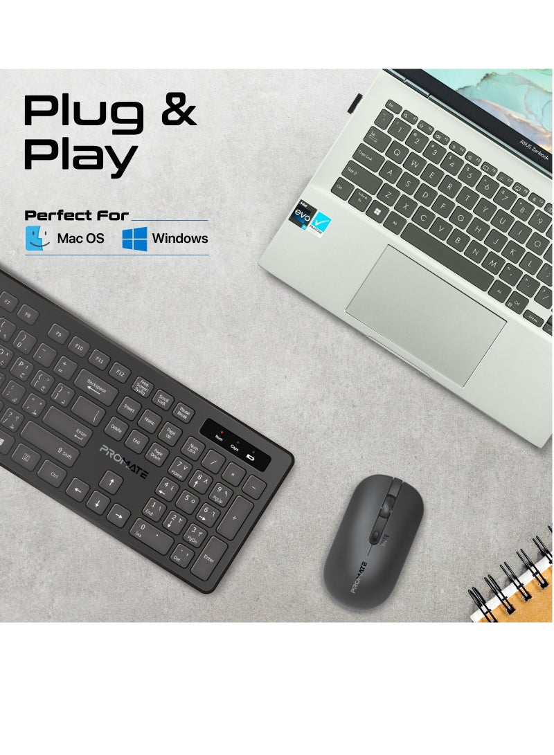 PROMATE - Promate Wireless Keyboard and Mouse Combo, Slim Full-Size 2.4Ghz Wireless Keyboard with 1600 DPI Ambidextrous Mouse, Nano USB Receiver, Quiet Keys, Angled Kickstand Black - Image 1