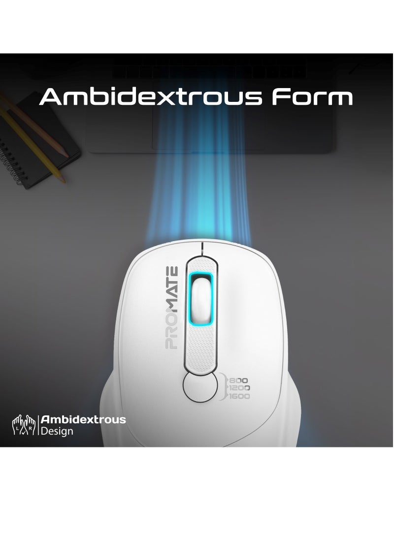 PROMATE - Promate 2.4G Wireless Ergonomic Mouse, High Precision 1600DPI  Ambidextrous Mouse with USB Nano Receiver, 10m Range, 120h Work Time White - Image 1