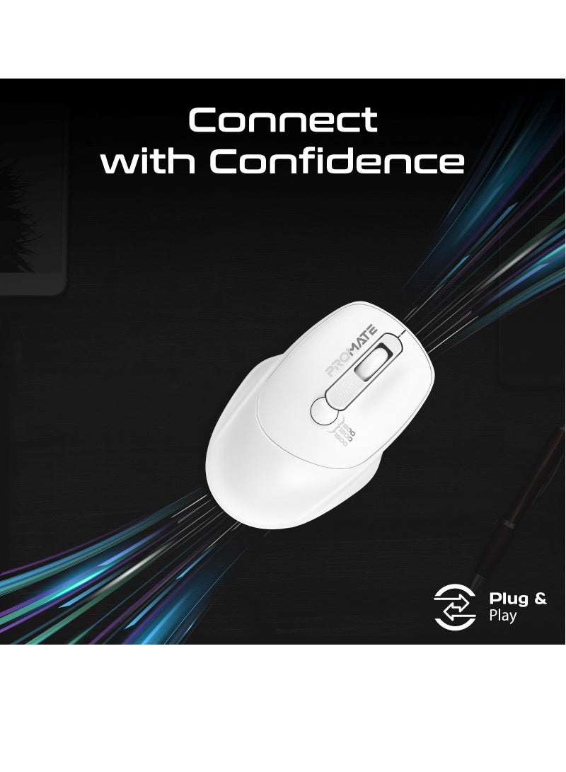 PROMATE - Promate 2.4G Wireless Ergonomic Mouse, High Precision 1600DPI  Ambidextrous Mouse with USB Nano Receiver, 10m Range, 120h Work Time White - Image 1