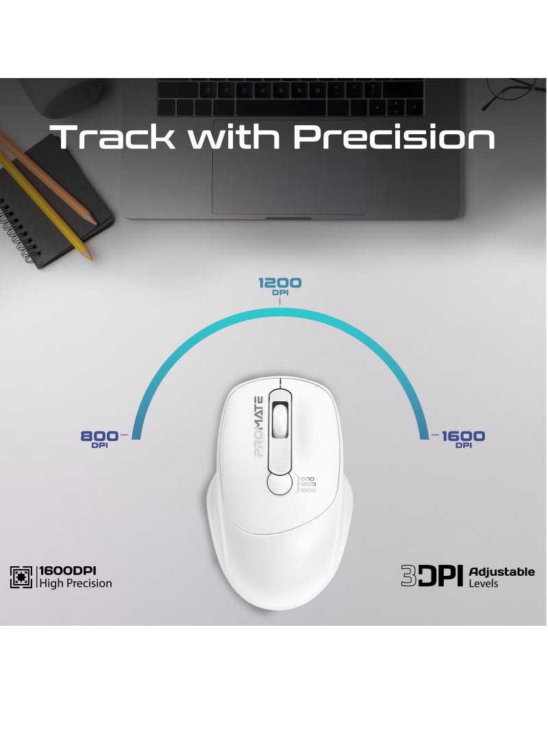 PROMATE - Promate 2.4G Wireless Ergonomic Mouse, High Precision 1600DPI  Ambidextrous Mouse with USB Nano Receiver, 10m Range, 120h Work Time White - Image 1