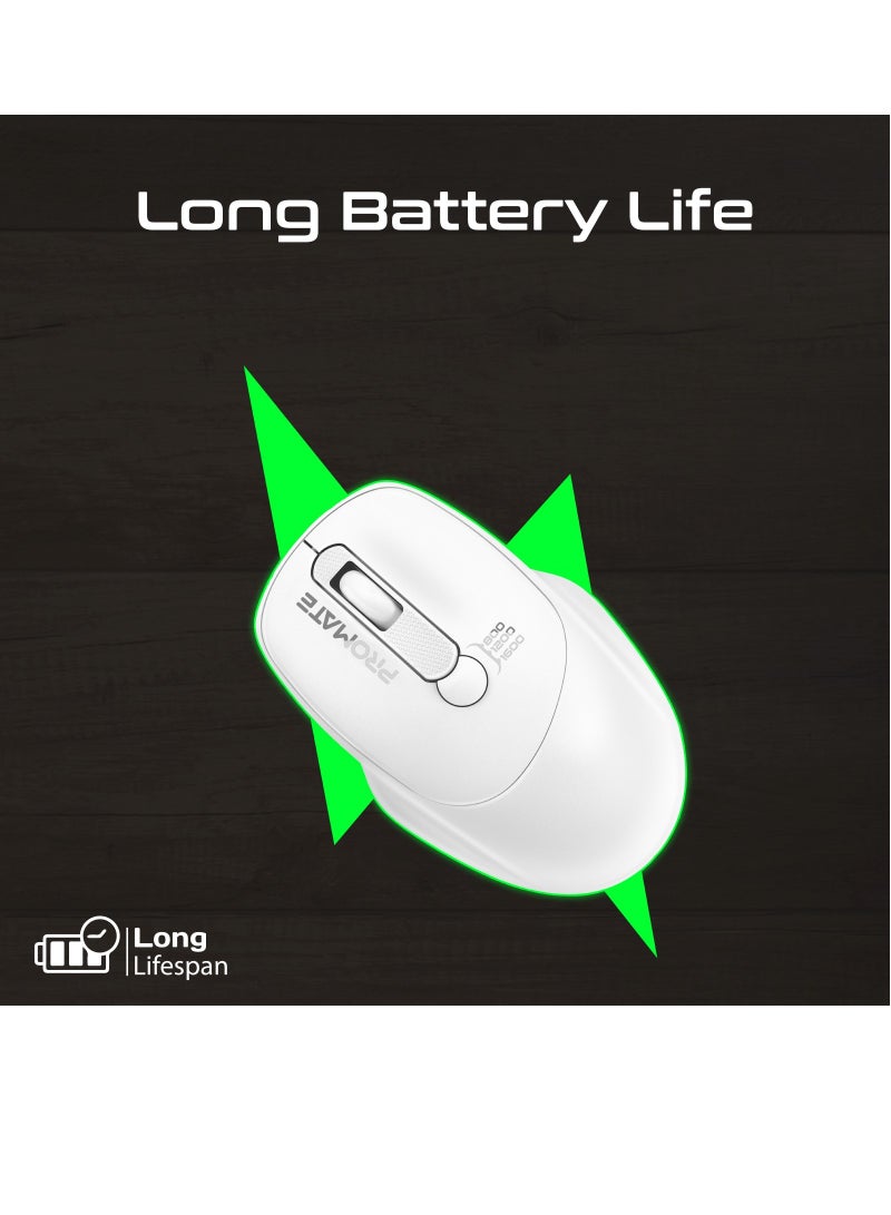 PROMATE - Promate 2.4G Wireless Ergonomic Mouse, High Precision 1600DPI  Ambidextrous Mouse with USB Nano Receiver, 10m Range, 120h Work Time White - Image 1