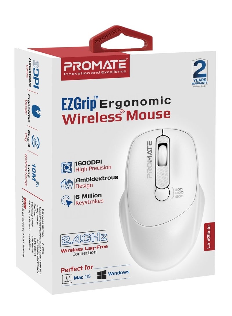 PROMATE - Promate 2.4G Wireless Ergonomic Mouse, High Precision 1600DPI  Ambidextrous Mouse with USB Nano Receiver, 10m Range, 120h Work Time White - Image 1