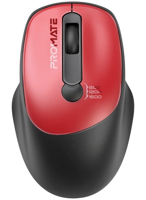Promate 2.4G Wireless Mouse, High Precision 1600DPI Cordless Ambidextrous Mouse with USB Nano Receiver, 10m Range, 120h Work Time, Adjustable DPI Red