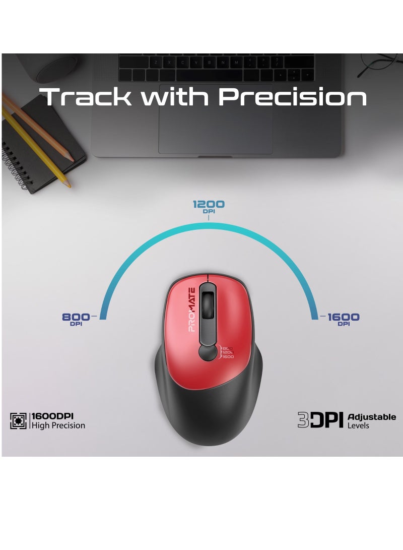 Promate 2.4G Wireless Mouse, High Precision 1600DPI Cordless Ambidextrous Mouse with USB Nano Receiver, 10m Range, 120h Work Time, Adjustable DPI Red