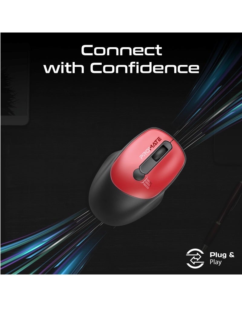 Promate 2.4G Wireless Mouse, High Precision 1600DPI Cordless Ambidextrous Mouse with USB Nano Receiver, 10m Range, 120h Work Time, Adjustable DPI Red