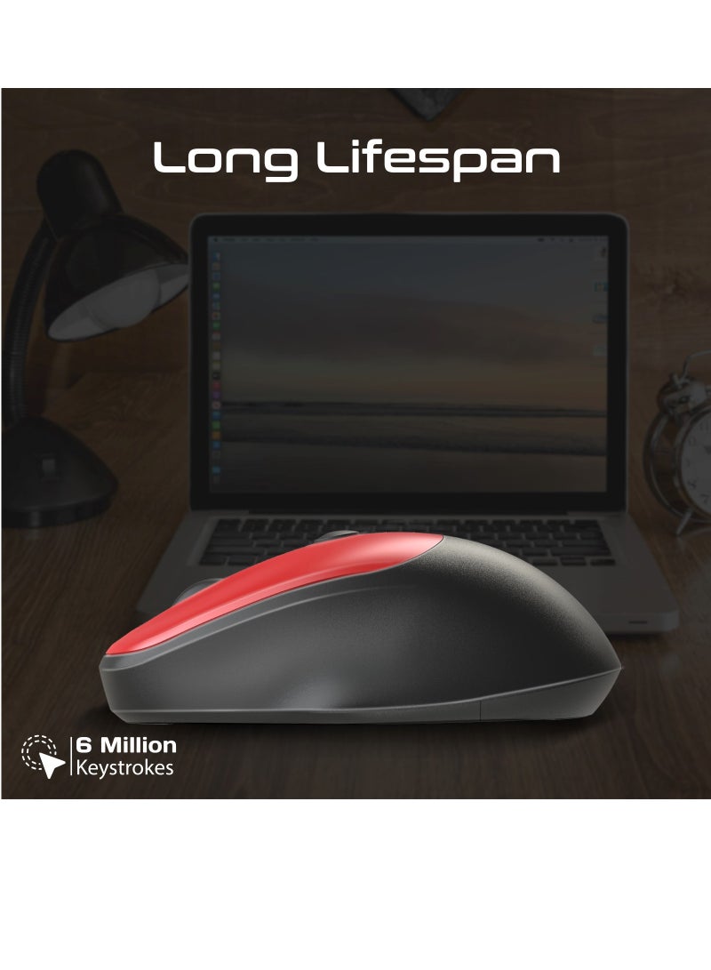 Promate 2.4G Wireless Mouse, High Precision 1600DPI Cordless Ambidextrous Mouse with USB Nano Receiver, 10m Range, 120h Work Time, Adjustable DPI Red