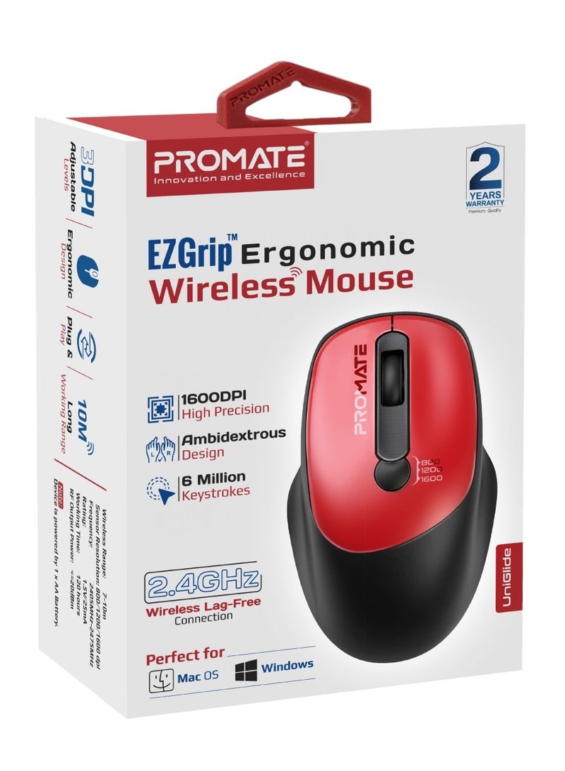 Promate 2.4G Wireless Mouse, High Precision 1600DPI Cordless Ambidextrous Mouse with USB Nano Receiver, 10m Range, 120h Work Time, Adjustable DPI Red