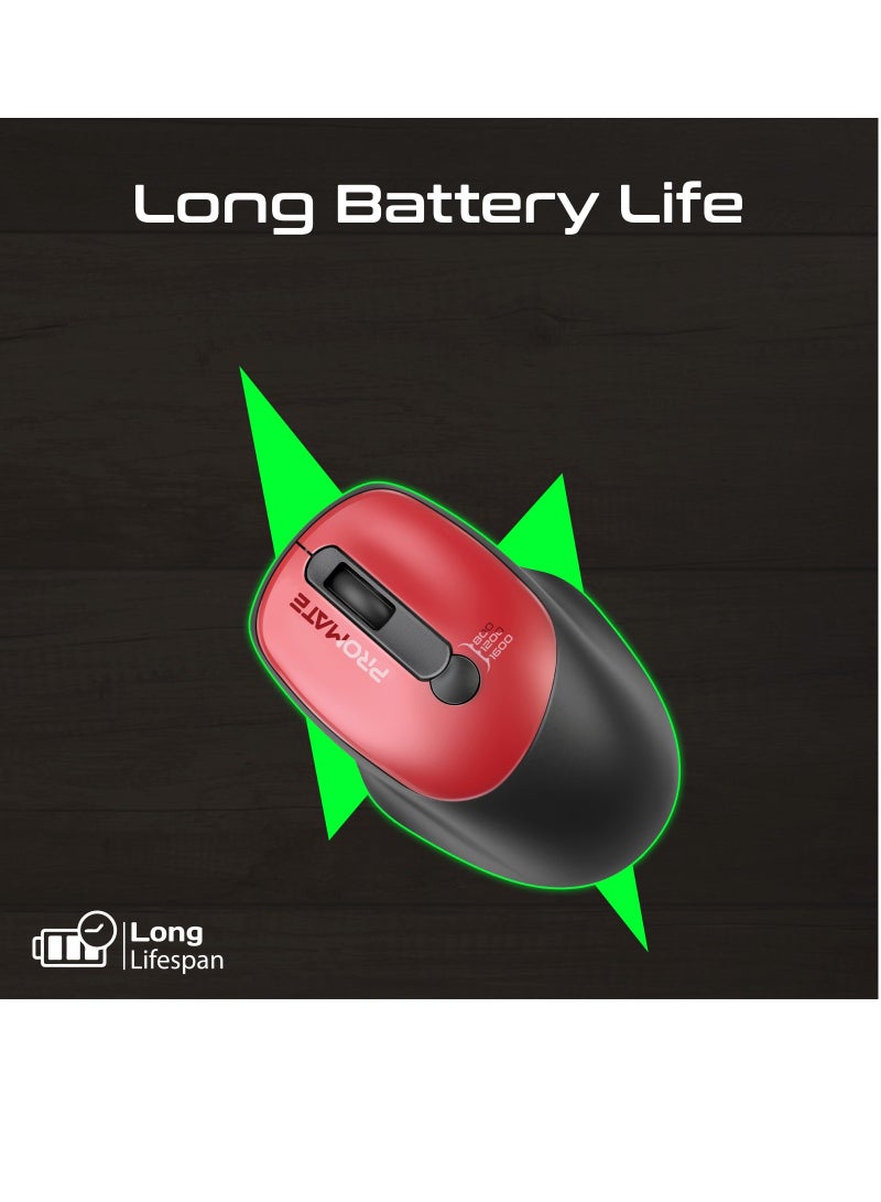 Promate 2.4G Wireless Mouse, High Precision 1600DPI Cordless Ambidextrous Mouse with USB Nano Receiver, 10m Range, 120h Work Time, Adjustable DPI Red
