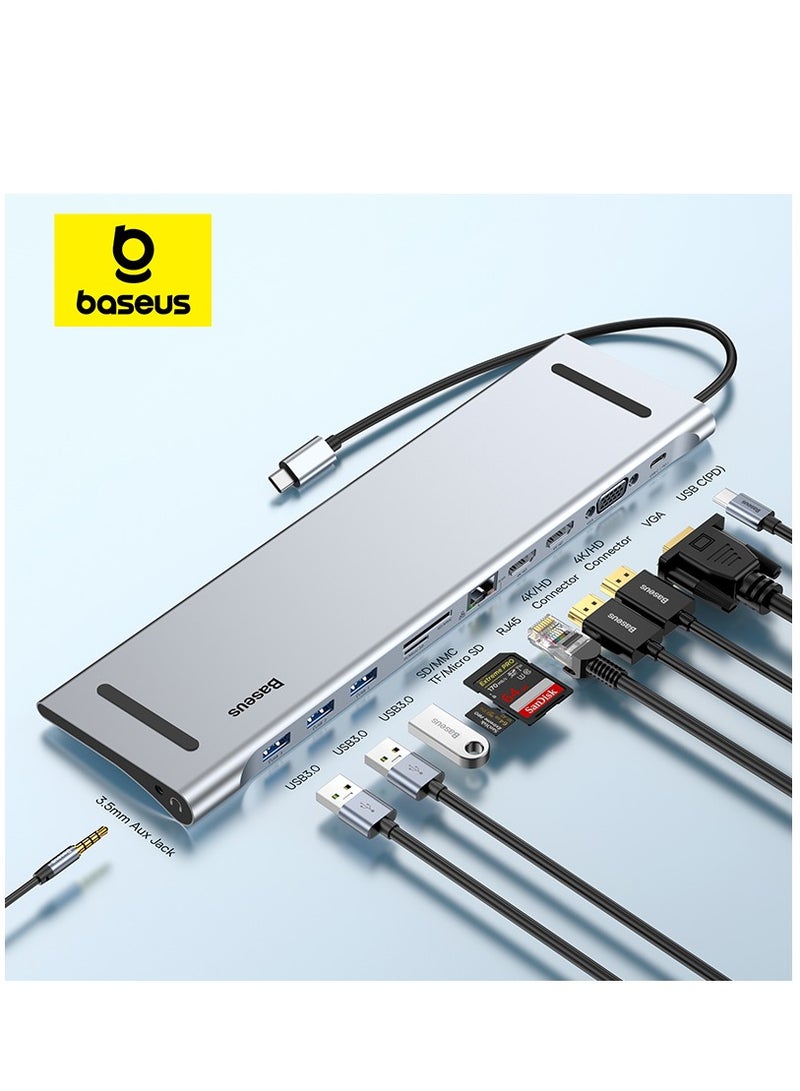 Baseus - 11 In 1 Laptop Docking Station Dual HDMI USB C Hub Triple Monitor Dock Multiport Adapter With 2 4K HDMI/Type-C Power Supply/VGA/Ethernet/TF/SD Card Reader/3.5Mm Audio For MacBook Pro/Dell/HP/Surface Grey - Image 1