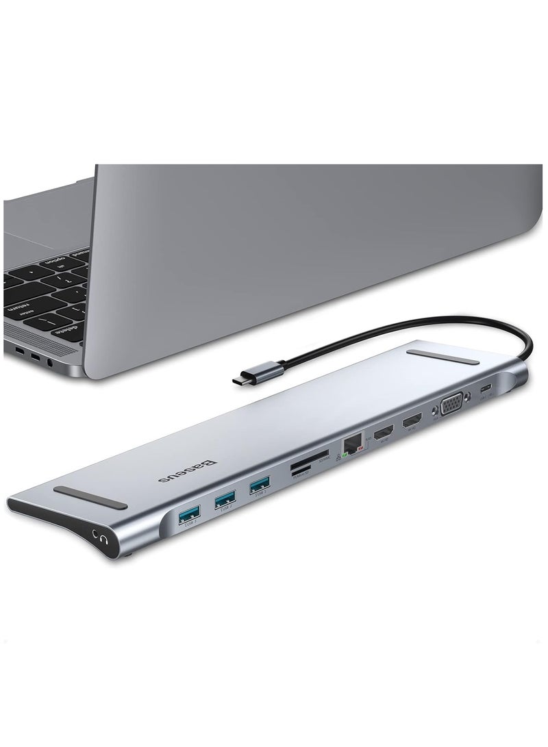 Baseus - 11 In 1 Laptop Docking Station Dual HDMI USB C Hub Triple Monitor Dock Multiport Adapter With 2 4K HDMI/Type-C Power Supply/VGA/Ethernet/TF/SD Card Reader/3.5Mm Audio For MacBook Pro/Dell/HP/Surface Grey - Image 1