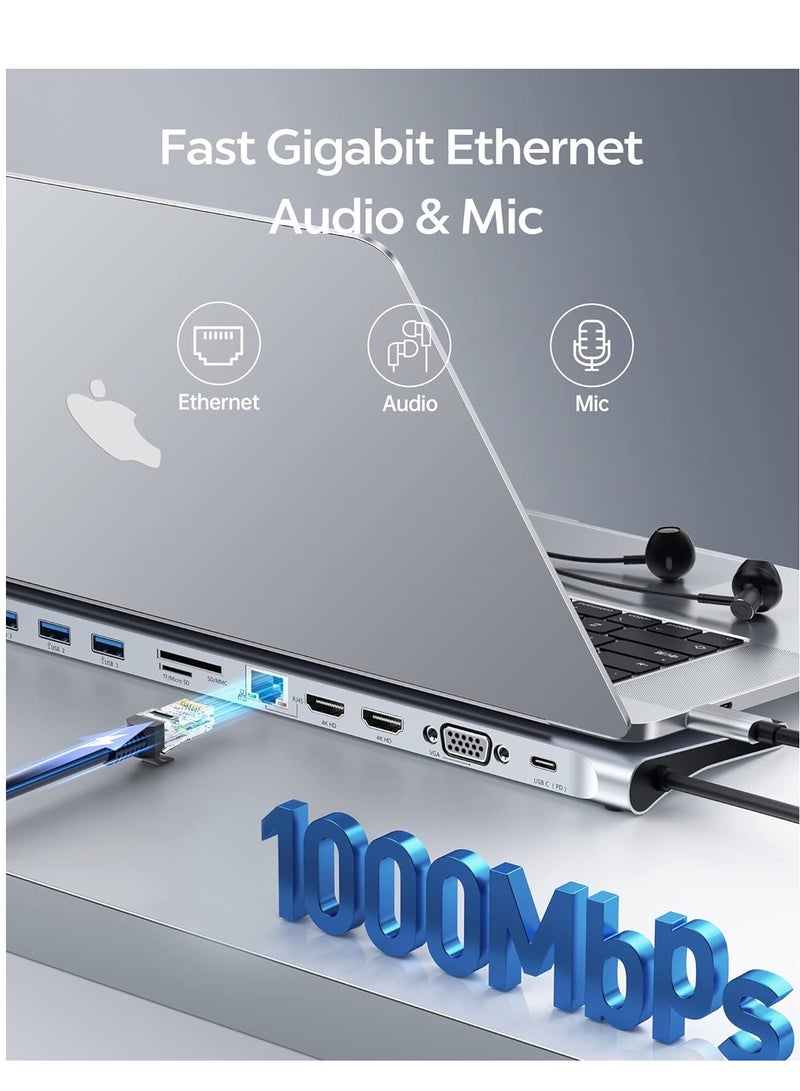 Baseus - 11 In 1 Laptop Docking Station Dual HDMI USB C Hub Triple Monitor Dock Multiport Adapter With 2 4K HDMI/Type-C Power Supply/VGA/Ethernet/TF/SD Card Reader/3.5Mm Audio For MacBook Pro/Dell/HP/Surface Grey - Image 1