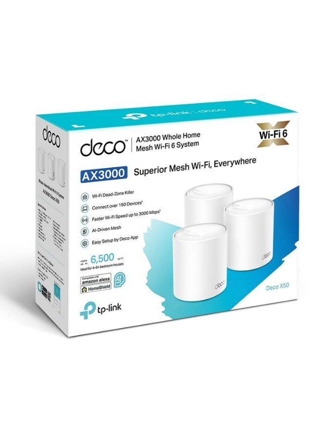 TP-LINK - Deco X50 Router, 3Pack x 3, AX3000 Whole Home AI-Driven Mesh Wi-Fi 6 System, Dual-Band, Gigabit Ports, Connect Up To 150 Devices, 1 GHz Dual-Core CPU, HomeShield Security, Deco X50 White - Image 1