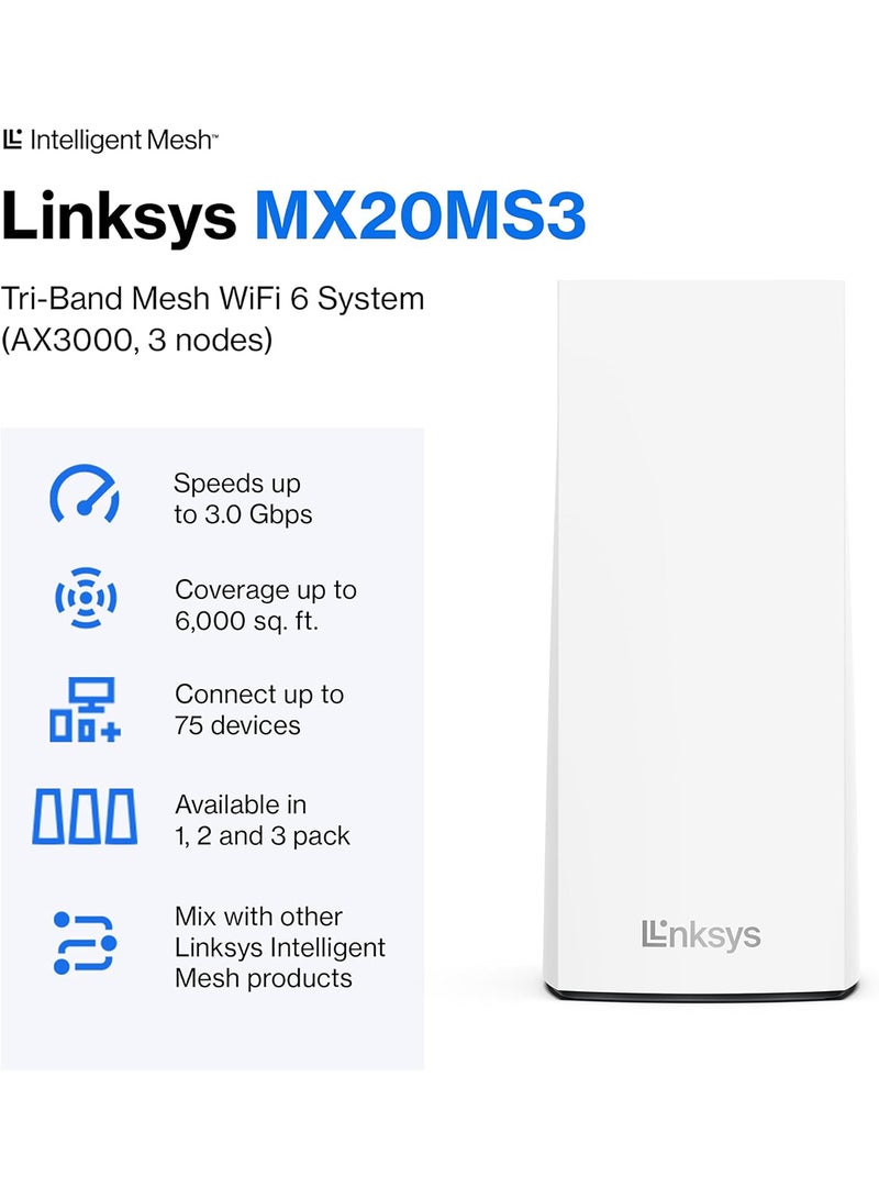 LINKSYS - Atlas 6 Mesh WiFi 6 System - Dual Band AX3000 Wireless Router - WiFi Extender with up to 3.0 Gbps Speed, 4x Faster for 75+ Devices & 6,000 sq ft - 3 Pack White - Image 1