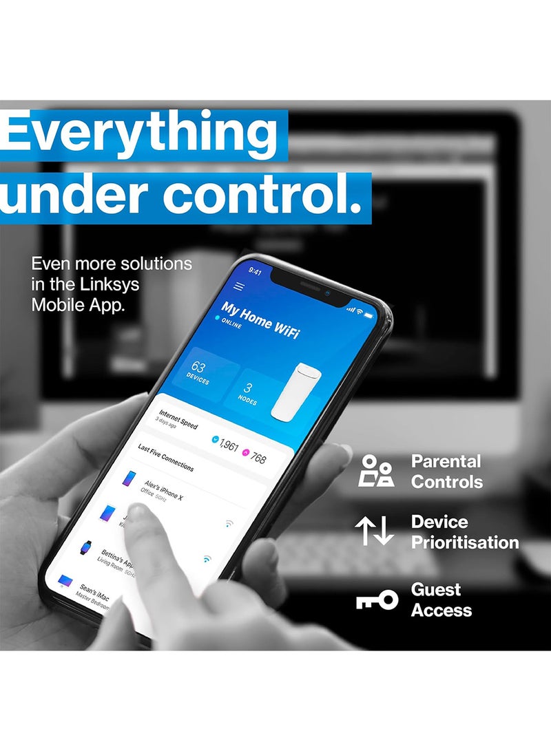 لينكسيس - نظام Velop Pro WiFi 6E ثلاثي الموجات MX6203-KE - جهاز توجيه شبكي معرفي مع وصول نطاق 6 جيجا هرتز وسرعة جيجابت حقيقية 5.4 جيجابت في الثانية - تغطية منزلية كاملة تصل إلى 9000 قدم مربع و200 جهاز - 3 عبوات بيضاء - Image 1