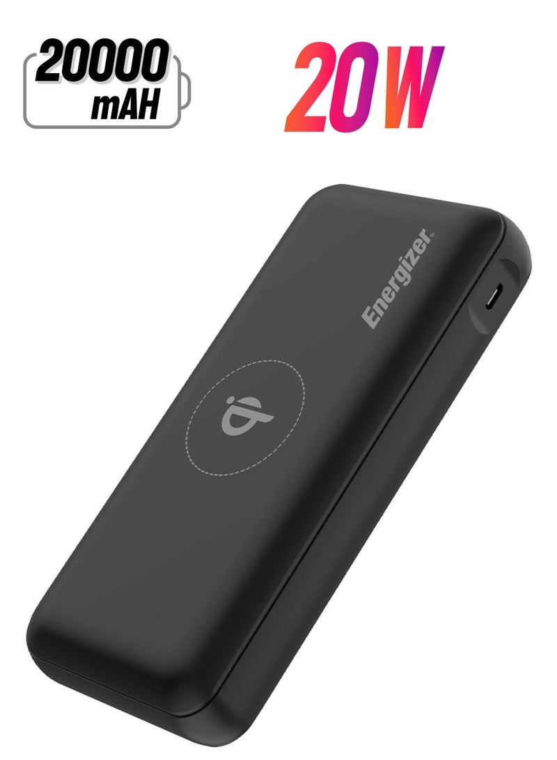 Energizer 20000 mAh Ultimate Qi Certified Wireless Power Delivery Power Bank, Triple Outputs 15W Max Wireless Output, 20W PD Type-C, USB-A Output, Dual Inputs - Micro USB And Type-C, LCD Display Black  - Image 1