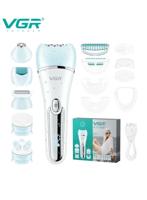 جهاز إزالة الشعر VGR للنساء 6 في 1 مزيل شعر ماكينة حلاقة شفرة وجه فرشاة وجه تدليك وجه ومقشر للجسم IPX7 مقاوم للماء قابل لإعادة الشحن لإزالة الشعر للنساء بسرعتين