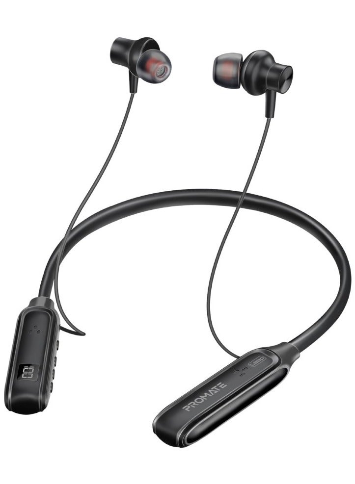 PROMATE - Wireless Neckband Earphones, High-Definition Bluetooth 5.3 Earphones With In-Line Controls, Anti-Slip Silicone, LCD Screen, Sweat-Resistance And 150H Long Playtime For iPhone 16, Galaxy S25, Leap - Black - Image 1