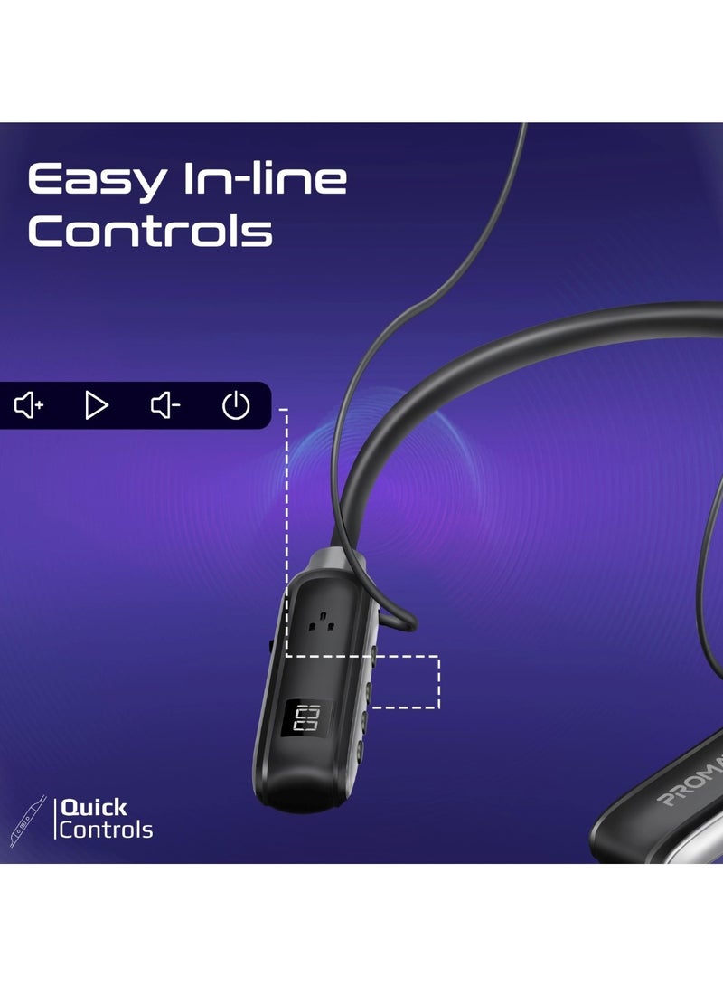 PROMATE - Wireless Neckband Earphones, High-Definition Bluetooth 5.3 Earphones With In-Line Controls, Anti-Slip Silicone, LCD Screen, Sweat-Resistance And 150H Long Playtime For iPhone 16, Galaxy S25, Leap - Black - Image 1