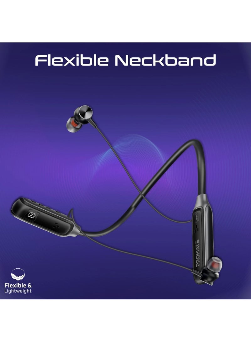 PROMATE - Wireless Neckband Earphones, High-Definition Bluetooth 5.3 Earphones With In-Line Controls, Anti-Slip Silicone, LCD Screen, Sweat-Resistance And 150H Long Playtime For iPhone 16, Galaxy S25, Leap - Black - Image 1