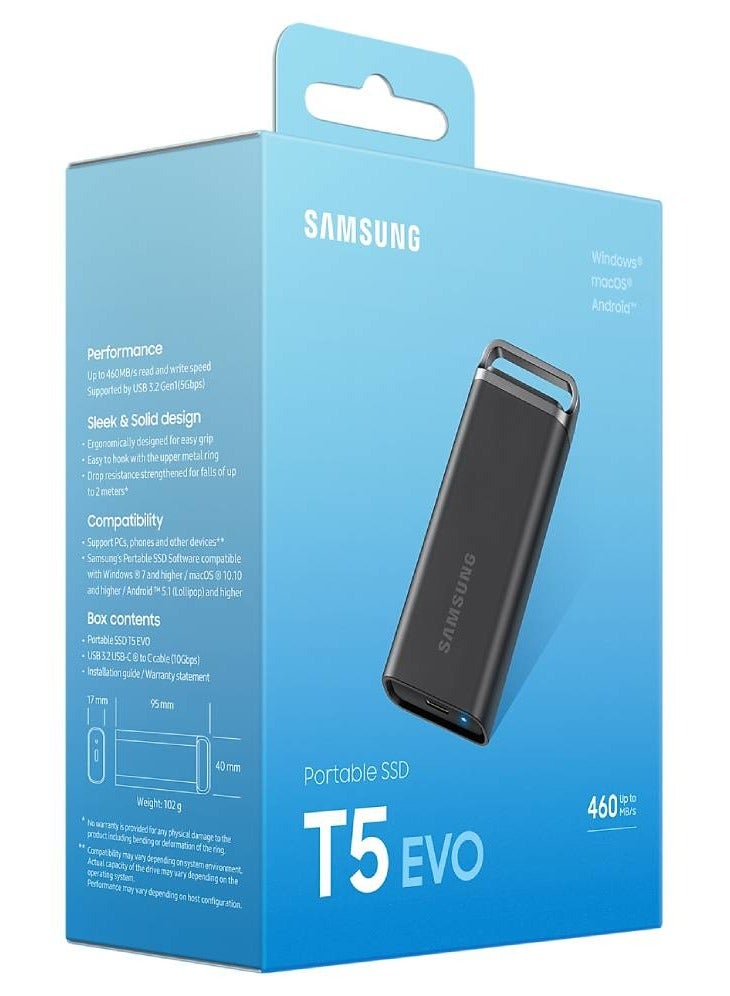 T5 EVO 8TB USB 3.2 Gen 1 Portable External SSD, Up to 460 MB/s Data Transfer Rate, Rubber Skin Design, AES 256-Bit Hardware Encryption, Integrated Hook - Black | MU-PH8T0S/WW 8 TB - pnsku/N70031706V/45/_/1703217701/bdf52425-a6f6-4f5e-b31f-2c46f2d78ee6