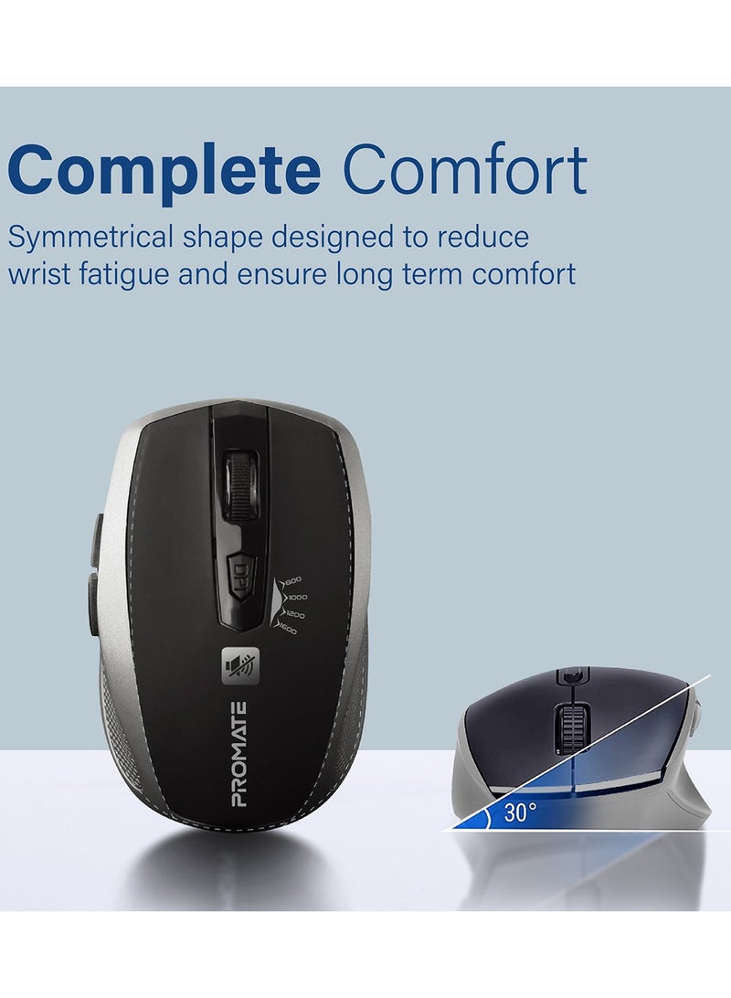 PROMATE - 1600DPI Silent Mouse, Ergonomic Symmetric 2.4Ghz Cordless Silent Keys Mouse With, Long Battery Life, Optical Sensor, 6 Functional Buttons And Nano Receiver For Mac OS, Windows, Breeze Silver - Image 1