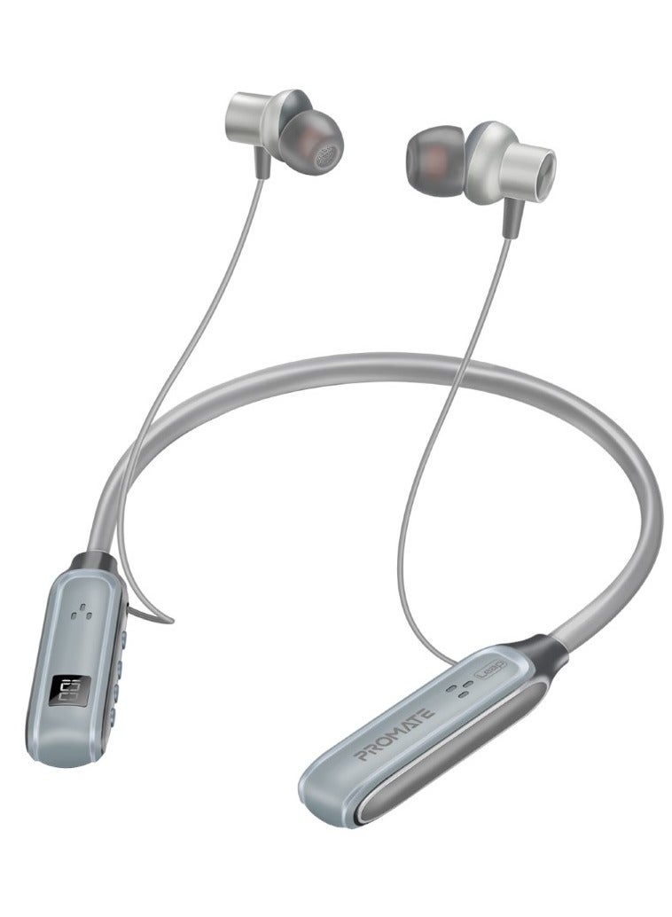 PROMATE Wireless Neckband Earphones, High-Definition Bluetooth 5.3 Earphones With In-Line Controls, Anti-Slip Silicone, LCD Screen, Sweat-Resistance And 150H Long Playtime For iPhone 16, Galaxy S25 - Leap Silver  - Image 1