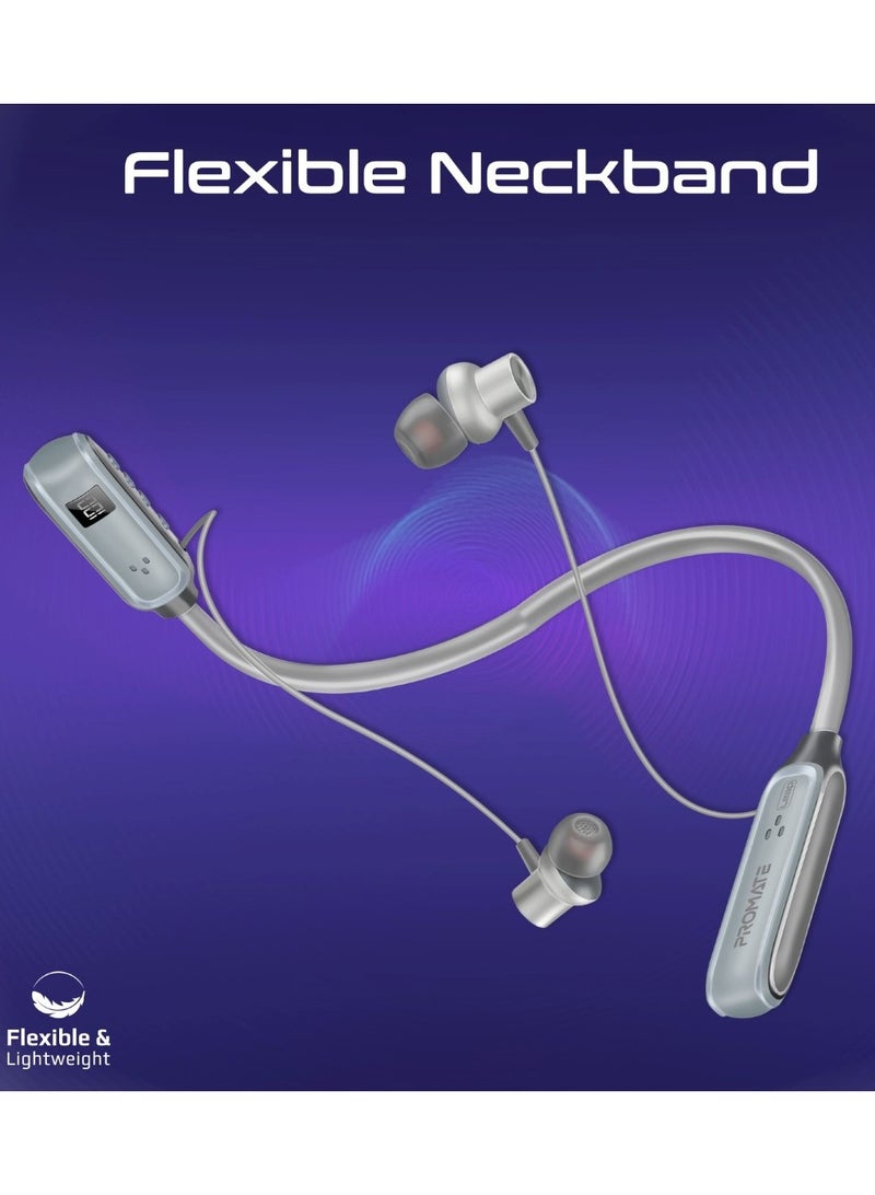 PROMATE Wireless Neckband Earphones, High-Definition Bluetooth 5.3 Earphones With In-Line Controls, Anti-Slip Silicone, LCD Screen, Sweat-Resistance And 150H Long Playtime For iPhone 16, Galaxy S25 - Leap Silver  - Image 3