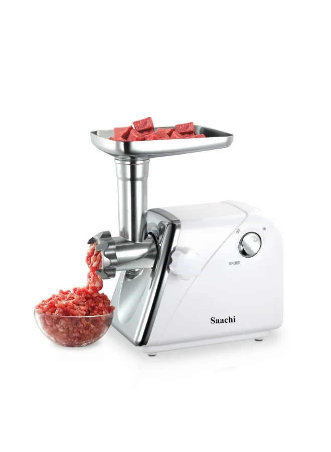 ساتشي Meat Grinder NL-MG-967-WH, Electric Meat Mincer with Stainless Steel Blades, Reverse Function, 3 Cutting Plates, Sausage & Kibbeh Attachments, Powerful Motor, Easy Cleaning, Non-Slip Base