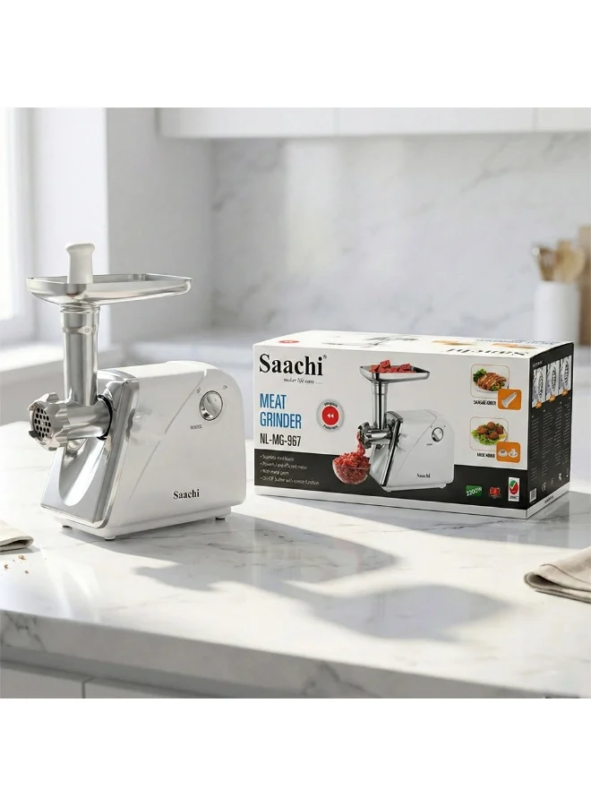 ساتشي Meat Grinder NL-MG-967-WH, Electric Meat Mincer with Stainless Steel Blades, Reverse Function, 3 Cutting Plates, Sausage & Kibbeh Attachments, Powerful Motor, Easy Cleaning, Non-Slip Base