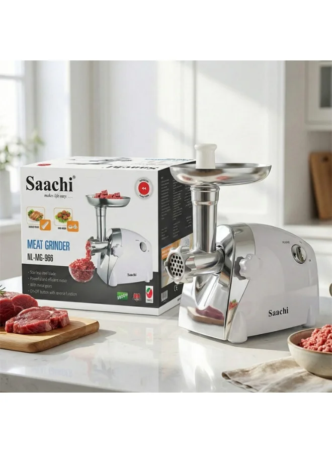 ساتشي Meat Grinder NL-MG-966, Electric Meat Mincer with Stainless Steel Blades, Reverse Function, 3 Cutting Plates, Sausage & Kibbeh Attachments, Powerful Motor, Easy Cleaning, Non-Slip Base