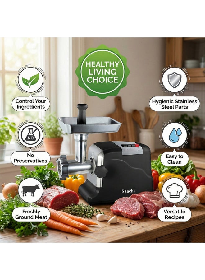Saachi Meat Grinder NL-MG-968-BK, Electric Meat Mincer with 2 Speeds, Stainless Steel Blades, Metal Hopper, Sausage & Kibbeh Attachments, Powerful Motor, Detachable Tube, Easy Cleaning 3500 W NL-MG-968-BK Black - Image 3