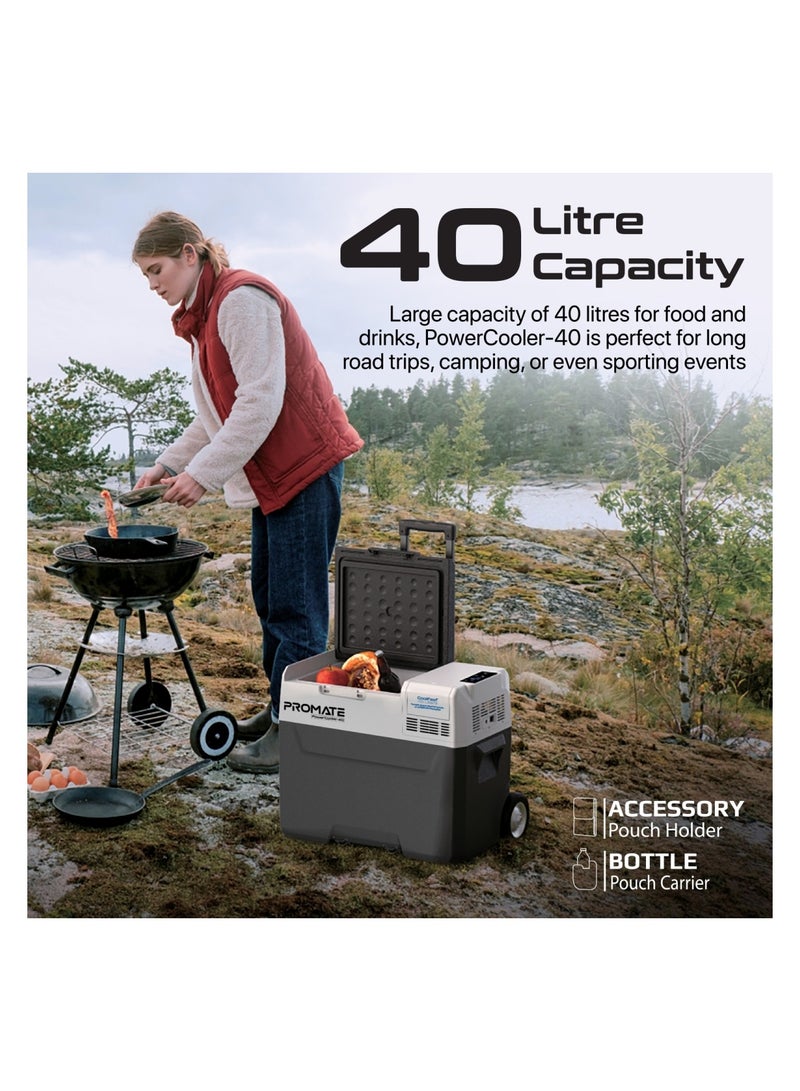PROMATE - 52000 mAh Portable Mini Fridge, -20C To 20C Ice-Free Cooler With 52000mAh Multi-Port Power Bank, 2W LED Torch, 40L Capacity, 36H Cooling And 3-Way Recharging For Outdoor, Camping, PowerCooler-40 Grey - Image 1