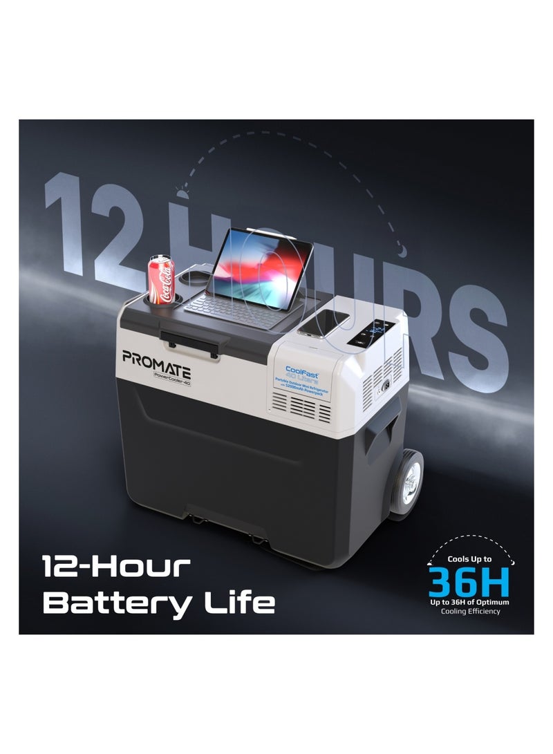 PROMATE - 52000 mAh Portable Mini Fridge, -20C To 20C Ice-Free Cooler With 52000mAh Multi-Port Power Bank, 2W LED Torch, 40L Capacity, 36H Cooling And 3-Way Recharging For Outdoor, Camping, PowerCooler-40 Grey - Image 1