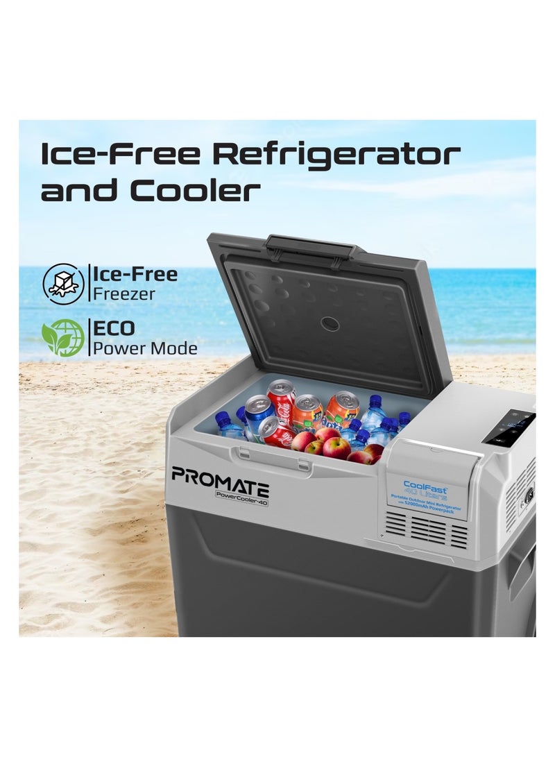 PROMATE - 52000 mAh Portable Mini Fridge, -20C To 20C Ice-Free Cooler With 52000mAh Multi-Port Power Bank, 2W LED Torch, 40L Capacity, 36H Cooling And 3-Way Recharging For Outdoor, Camping, PowerCooler-40 Grey - Image 1