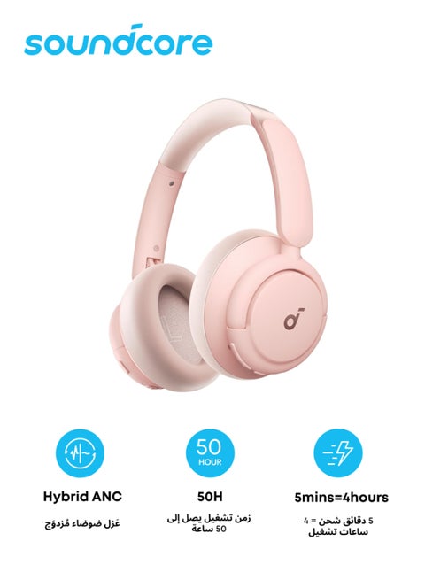 Q30 by Anker, Hybrid Active Noise Cancelling Headphones with Travel Pouch, Multiple Modes, Hi-Res Audio, Custom EQ via App, 50H Playtime, Comfortable Bluetooth, Multipoint Connection Pink Pink