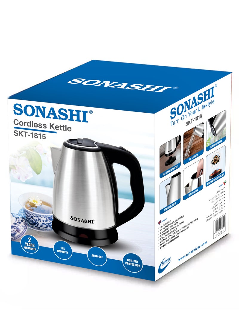 SONASHI - Stainless Steel Electric Cordless Kettle 1.8L - 360° Swivel Base with Light Indicator and Boil-Dry Protection | Kettles for Office/Home | Auto-Off and Kid-Safe Product 1.8 L 1500 W SKT-1815 Black/Silver - Image 1