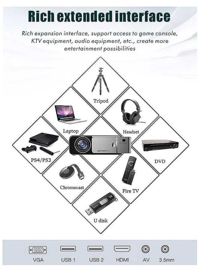Wownect - T6 WiFi LED Projector Wireless With 100" 4K Screen, 3500 Lumens Wireless Mobile Cast Home Theater Outdoor Gaming Projector HD 1080P Screen Mirroring Miracast PROJ-WO-32-S Silver - Image 1