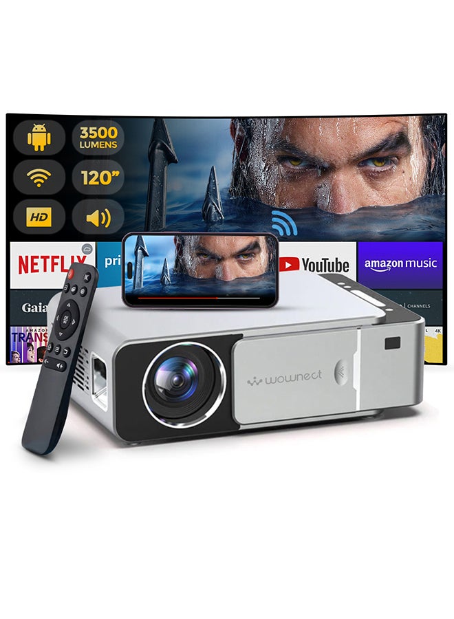 Wownect - Home Android LED Projector 3500 Lumens Mobile Casting Portable Projector Screen Upto 200" PROJ-WO-32-AN Silver - Image 1