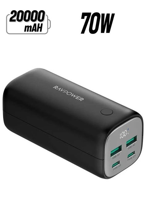 20000 mAh Power Bank 70W With 2 Type-C Ports And 2 USB-A Ports Black