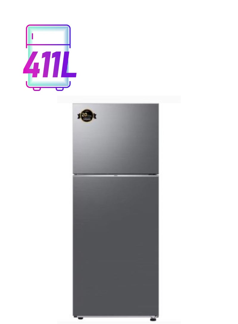 سامسونج ثلاجة بمجمد علوي بسعة صافية تبلغ 411 لترًا مزودة بضاغط عاكس رقمي من مادة الإينوكس المكرر - Image 1