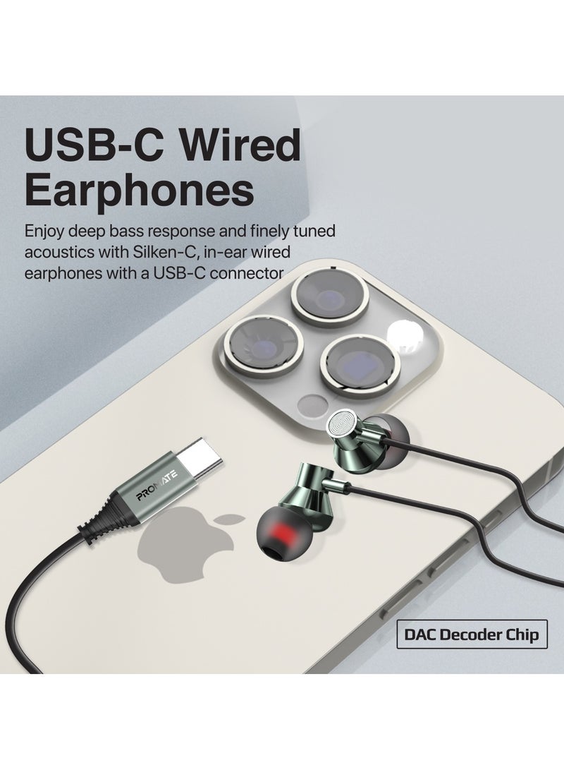 PROMATE - Earphones With USB-C Connector, Ergonomic In-Ear USB-C HD Wired Earbuds With Microphone, Call Function, Anti-Tangle Wire And In-Line Volume Control For iPhone 16, iPad Air, Galaxy S25, Silken-C - Grey - Image 1