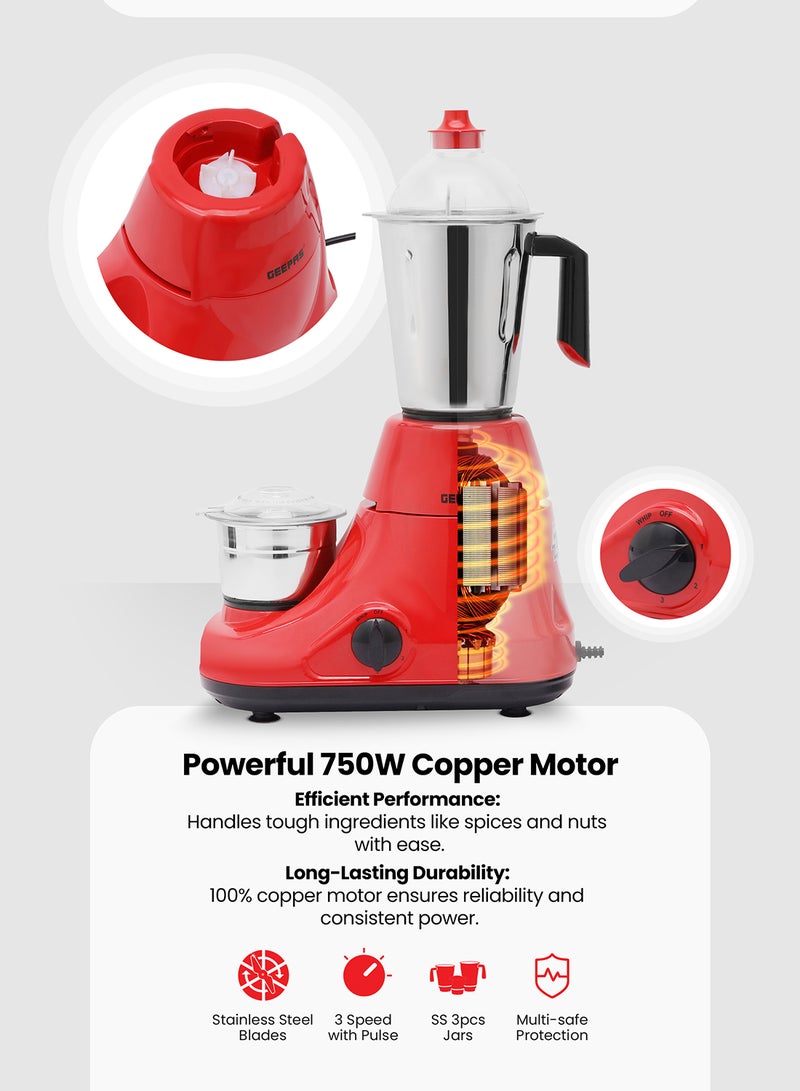 جيباس طقم مطحنة خلاط 3 في 1 مع وعاء من الفولاذ المقاوم للصدأ بقدرة 750 وات GSB5081 أحمر وأسود - Image 5