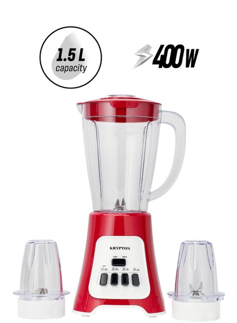 3-in-1 Blender with 6 Speed Selection | Stainless Steel Blade 1.5L Jar, 1 Grinder & 1 Chopper | Can Blend Different Kind of Fruits | Anti-Slip Free Design 1.5 L 400 W KNB6291 RED